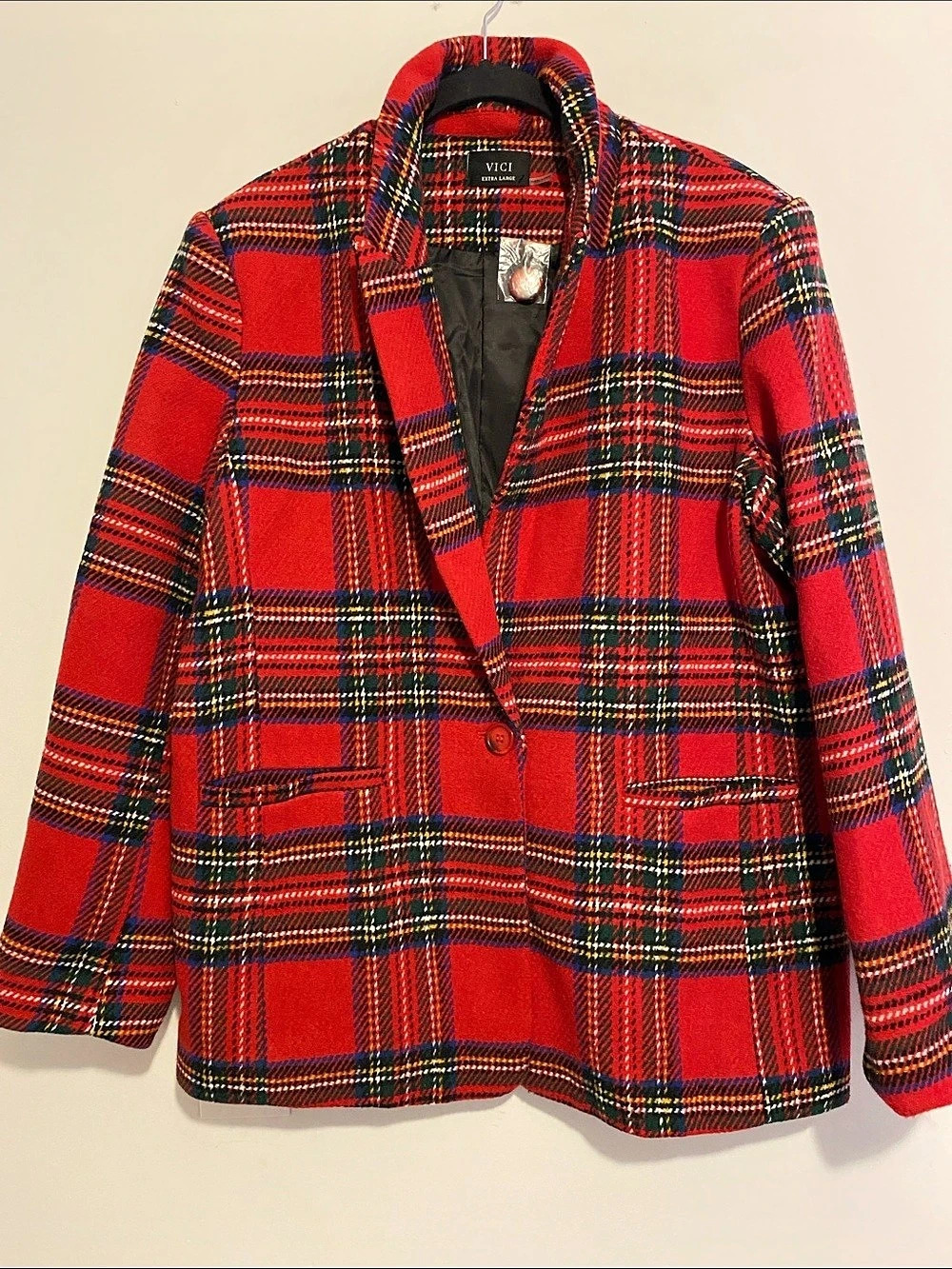 VICI Eve Pocketed Plaid Blazer Red & Black XL